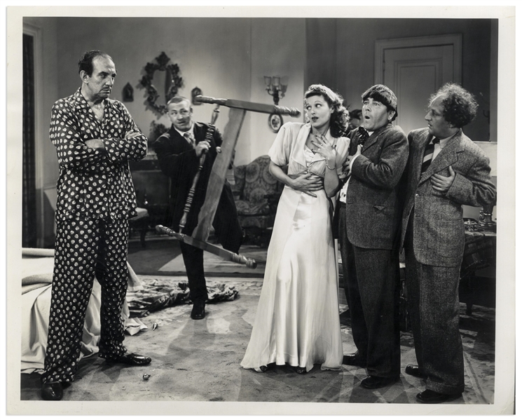 Lot of Five 10 x 8 Glossy Photos From The Three Stooges 1942 Film What's the Matador? and the 1944 Films Idle Roomers & Gents Without Cents -- Very Good Condition